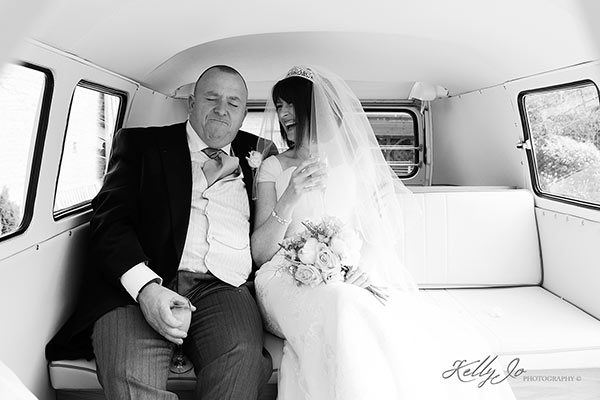VW Camper Van with Bride and Groom